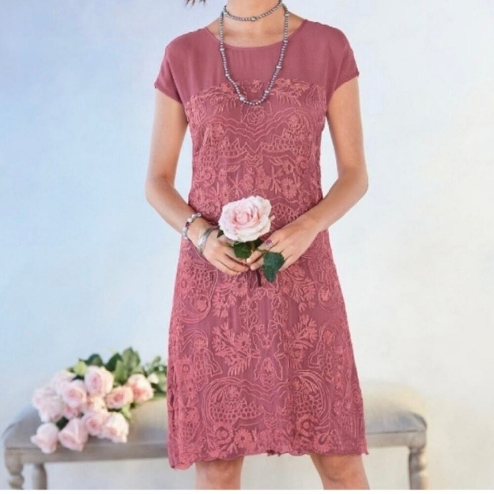 Sundance Dress Lilian Rose Embroidered Short Sleeve Women's Medium Mauve Pink
